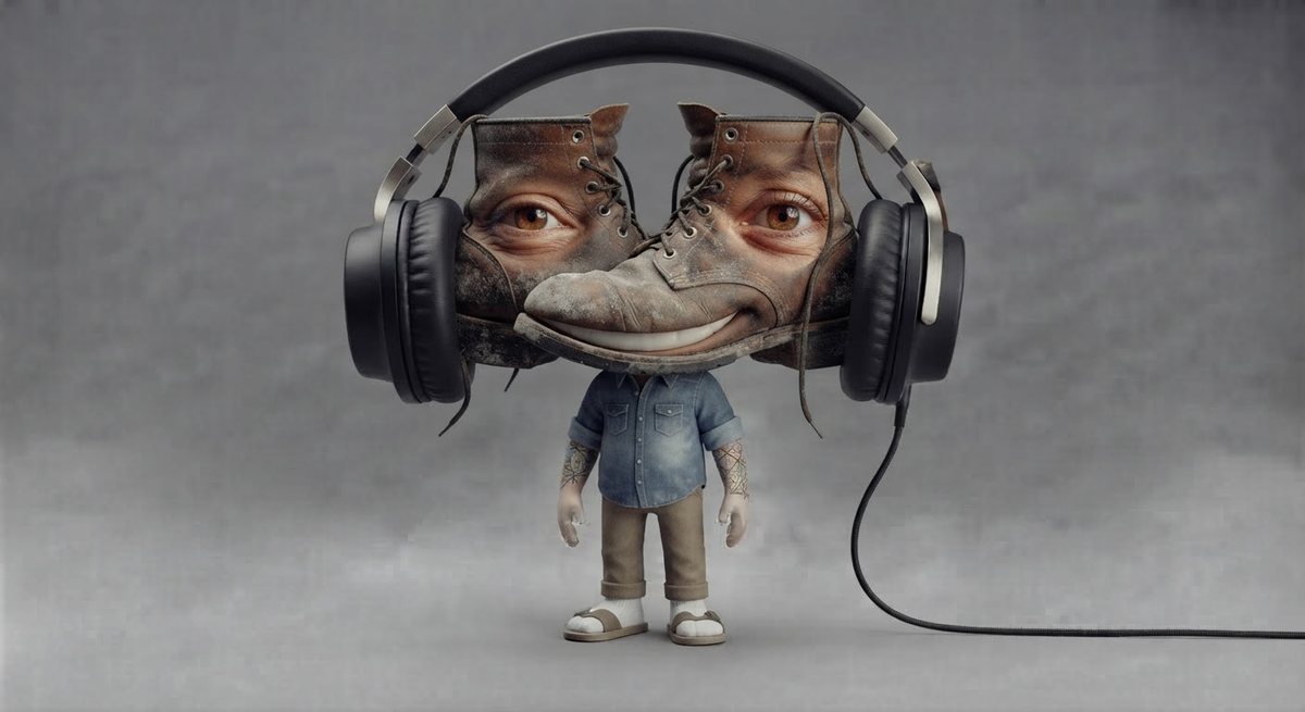 Timmus Shoes standing: boot head with headphones, a faded denim shirt and khaki trousers, the headphone cable trailing to the floor